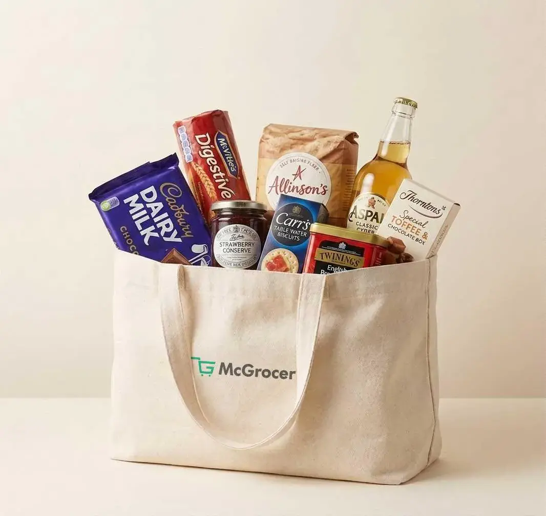 Tote bag filled with British groceries